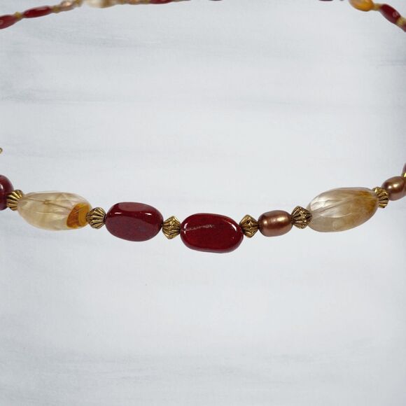 Handmade Red Brown Stone Agate Beaded Necklace Gold Tone Artisan Boho Jewelry - Picture 5 of 9